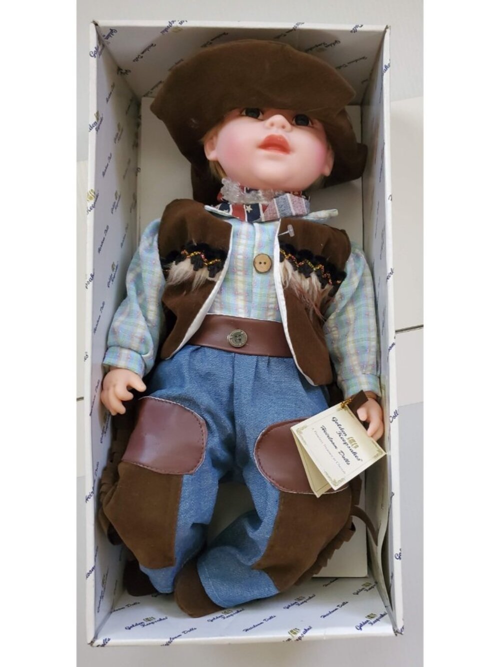 VINTAGE GOLDEN KEEPSAKES HEIRLOOM COWBOY PORCELAIN DOLL COLLECTIBLE NWT IN BOX